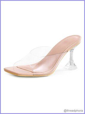 Women's Clear Heeled Sandals Square Toe Transparent Slide Shoes